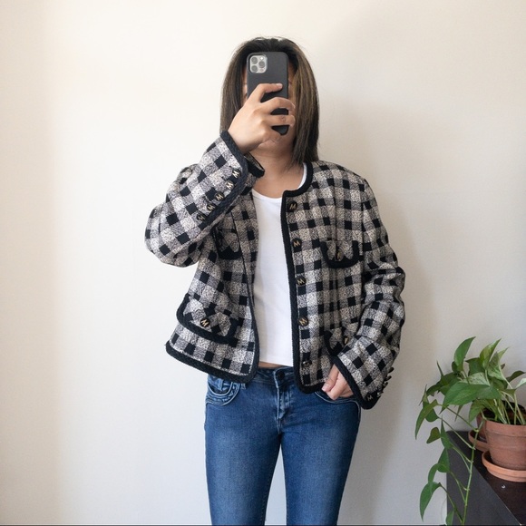 Escada Jackets & Blazers - 𝅺MONDI by Escada Vintage Beige Black Plaid Cropped Wool Blazer Jacket S-M EU 42